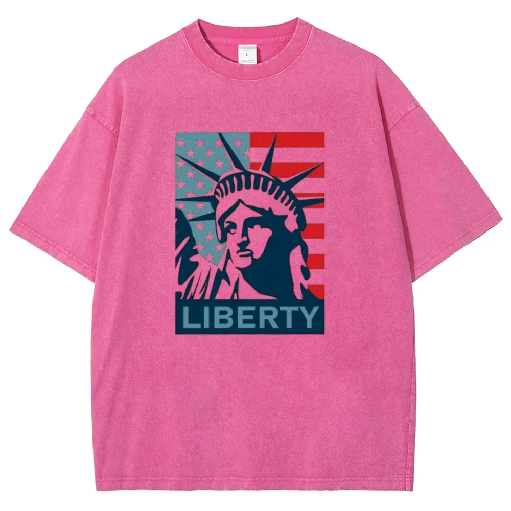 Unisex American Flag Statue of Liberty Graphic Vintage Washed Tee