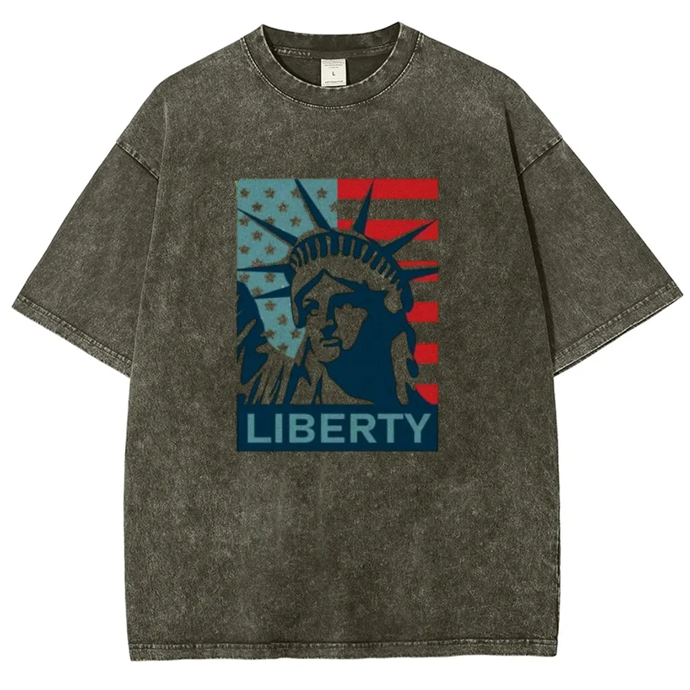 Unisex American Flag Statue of Liberty Graphic Vintage Washed Tee
