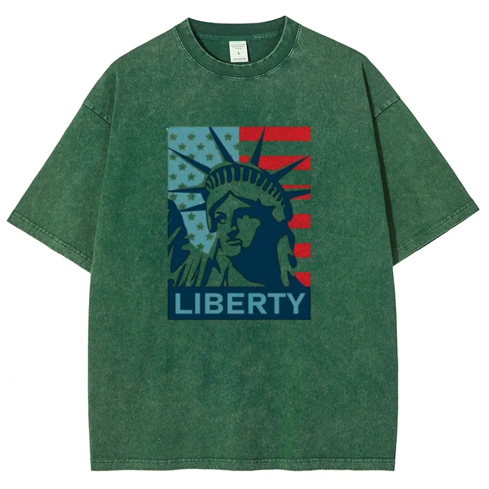 Unisex American Flag Statue of Liberty Graphic Vintage Washed Tee