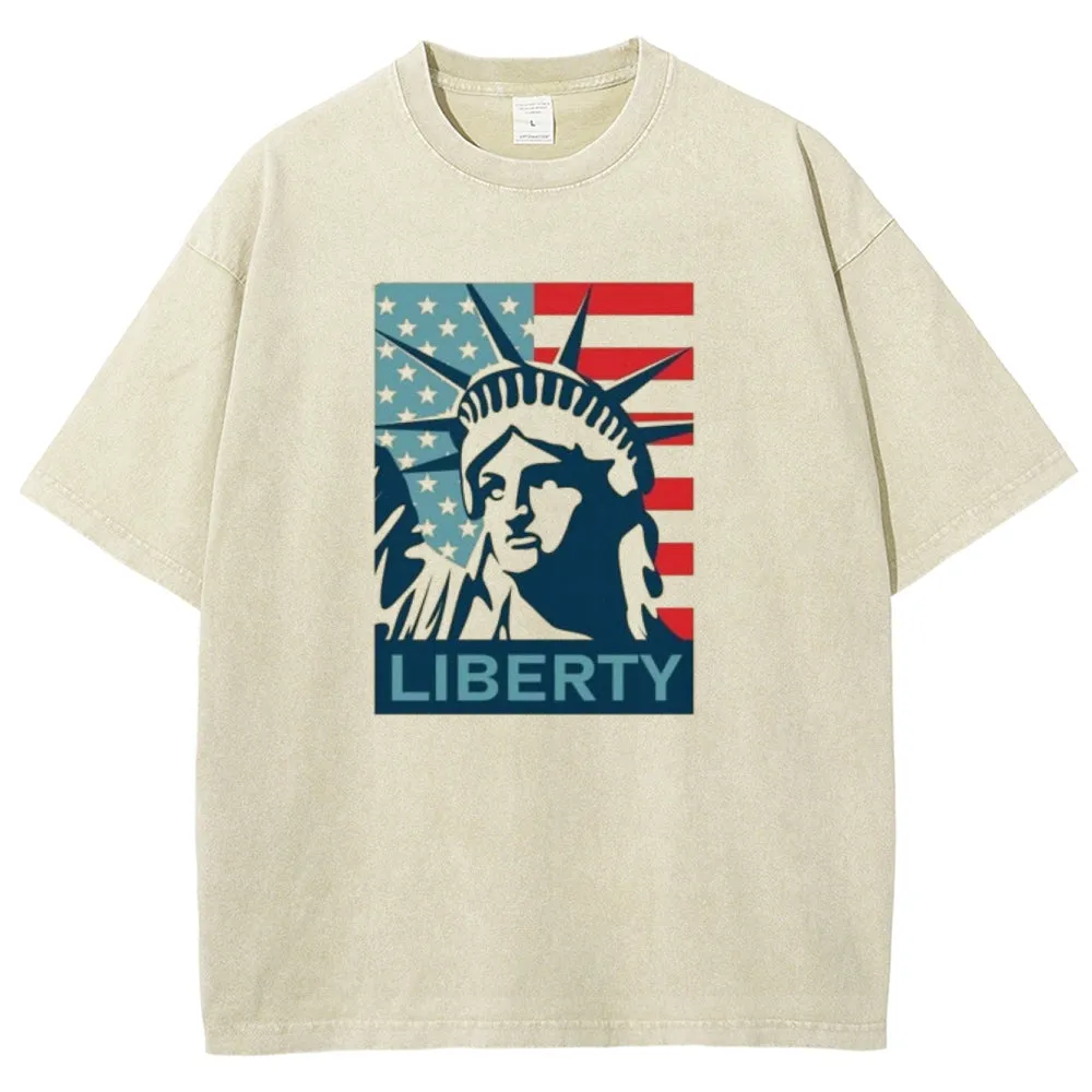 Unisex American Flag Statue of Liberty Graphic Vintage Washed Tee