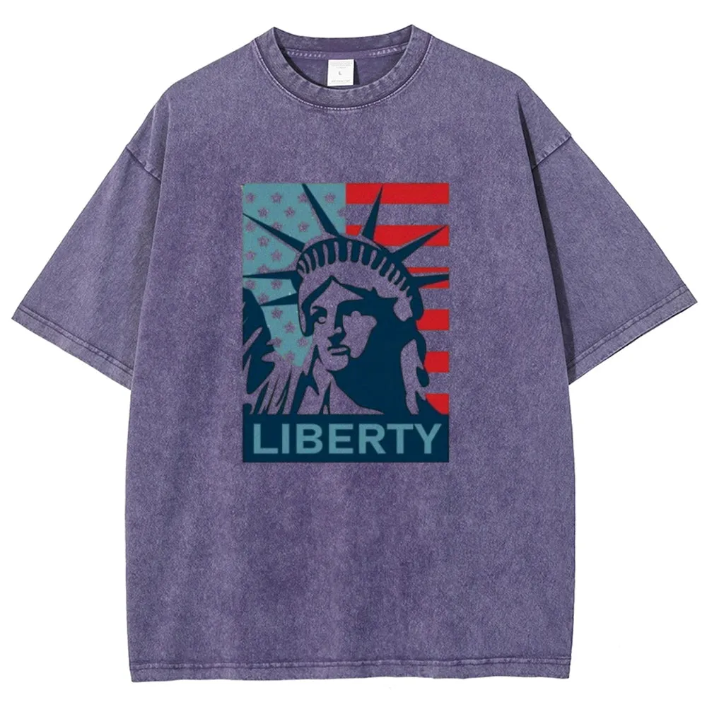 Unisex American Flag Statue of Liberty Graphic Vintage Washed Tee