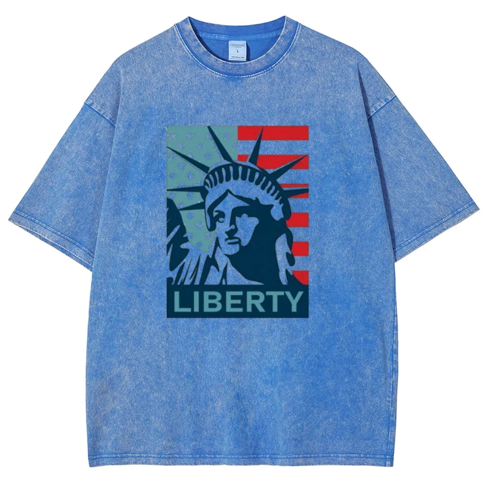Unisex American Flag Statue of Liberty Graphic Vintage Washed Tee