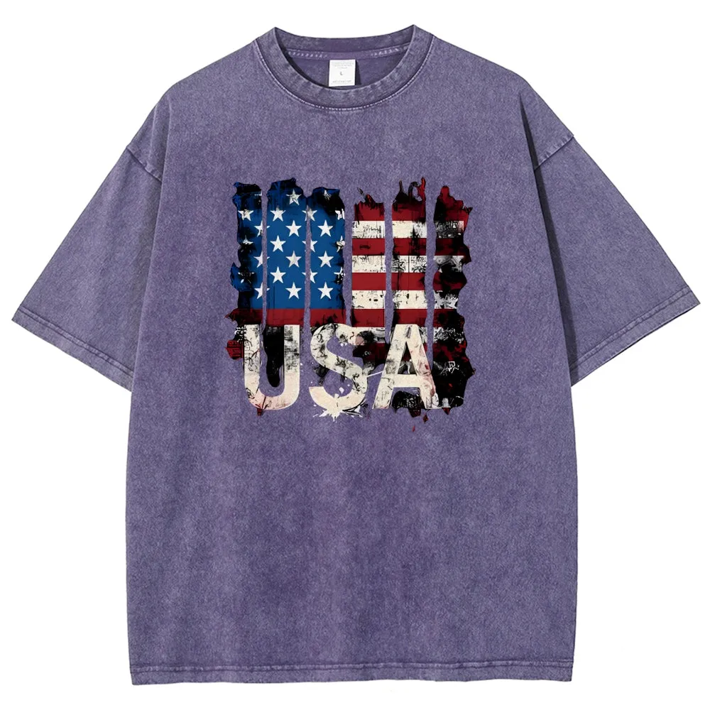 Unisex American Flag USA Graphic Vintage Washed Tee