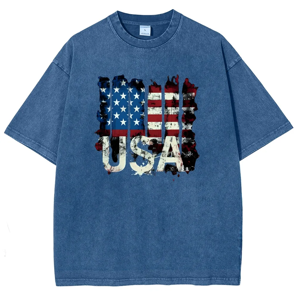 Unisex American Flag USA Graphic Vintage Washed Tee