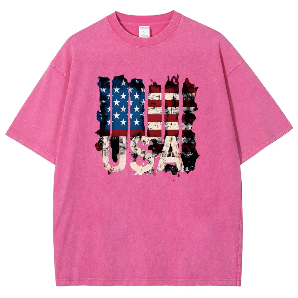 Unisex American Flag USA Graphic Vintage Washed Tee