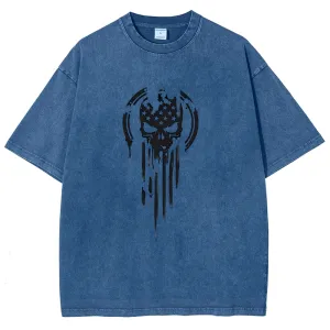Unisex American Warrior Flag Skull Military Graphic Vintage Washed Tee