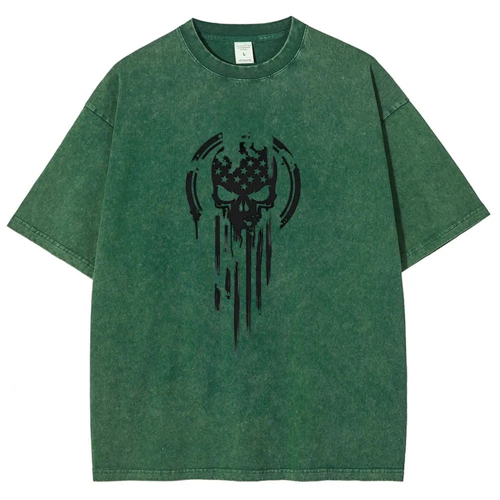Unisex American Warrior Flag Skull Military Graphic Vintage Washed Tee