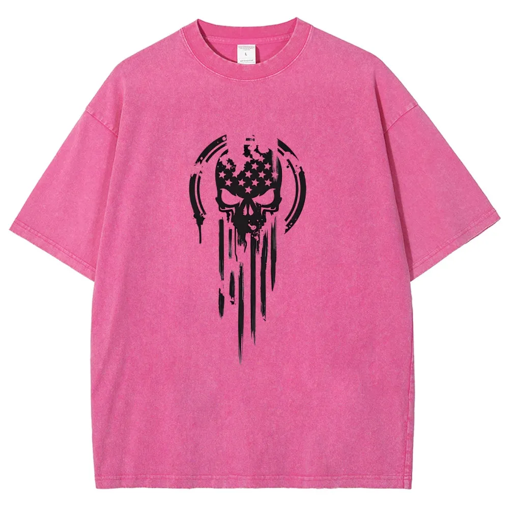 Unisex American Warrior Flag Skull Military Graphic Vintage Washed Tee