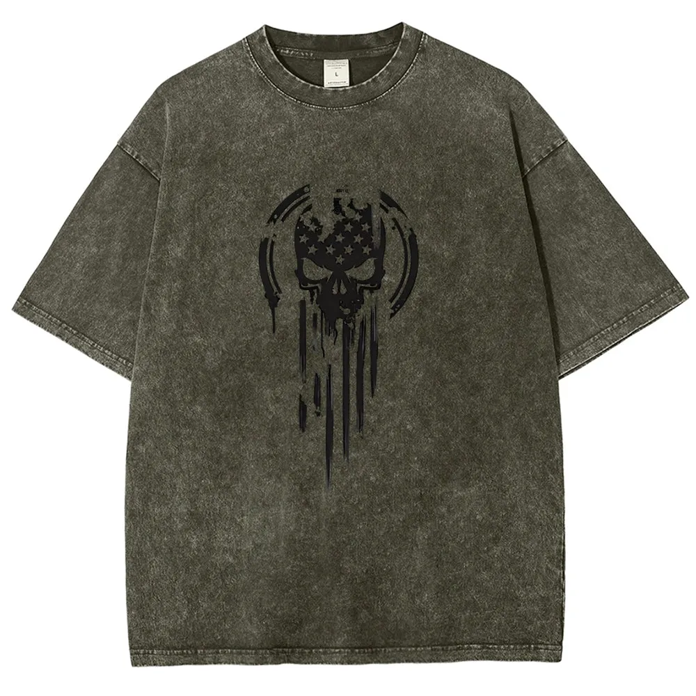 Unisex American Warrior Flag Skull Military Graphic Vintage Washed Tee