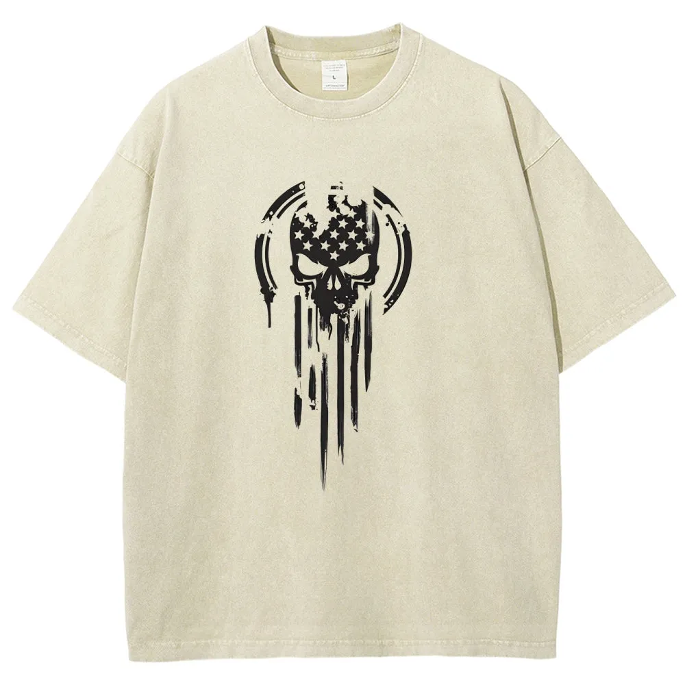 Unisex American Warrior Flag Skull Military Graphic Vintage Washed Tee
