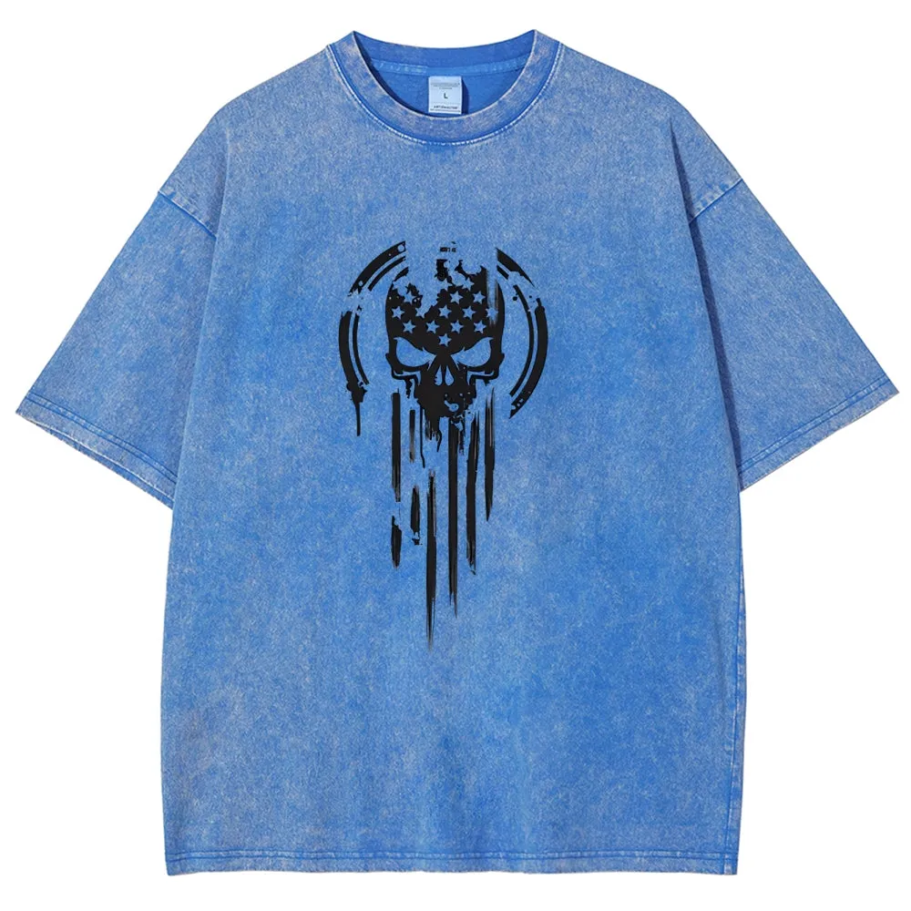 Unisex American Warrior Flag Skull Military Graphic Vintage Washed Tee