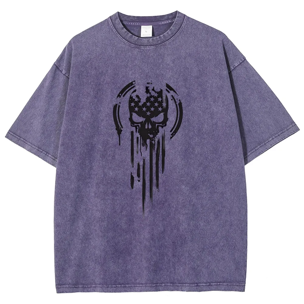 Unisex American Warrior Flag Skull Military Graphic Vintage Washed Tee