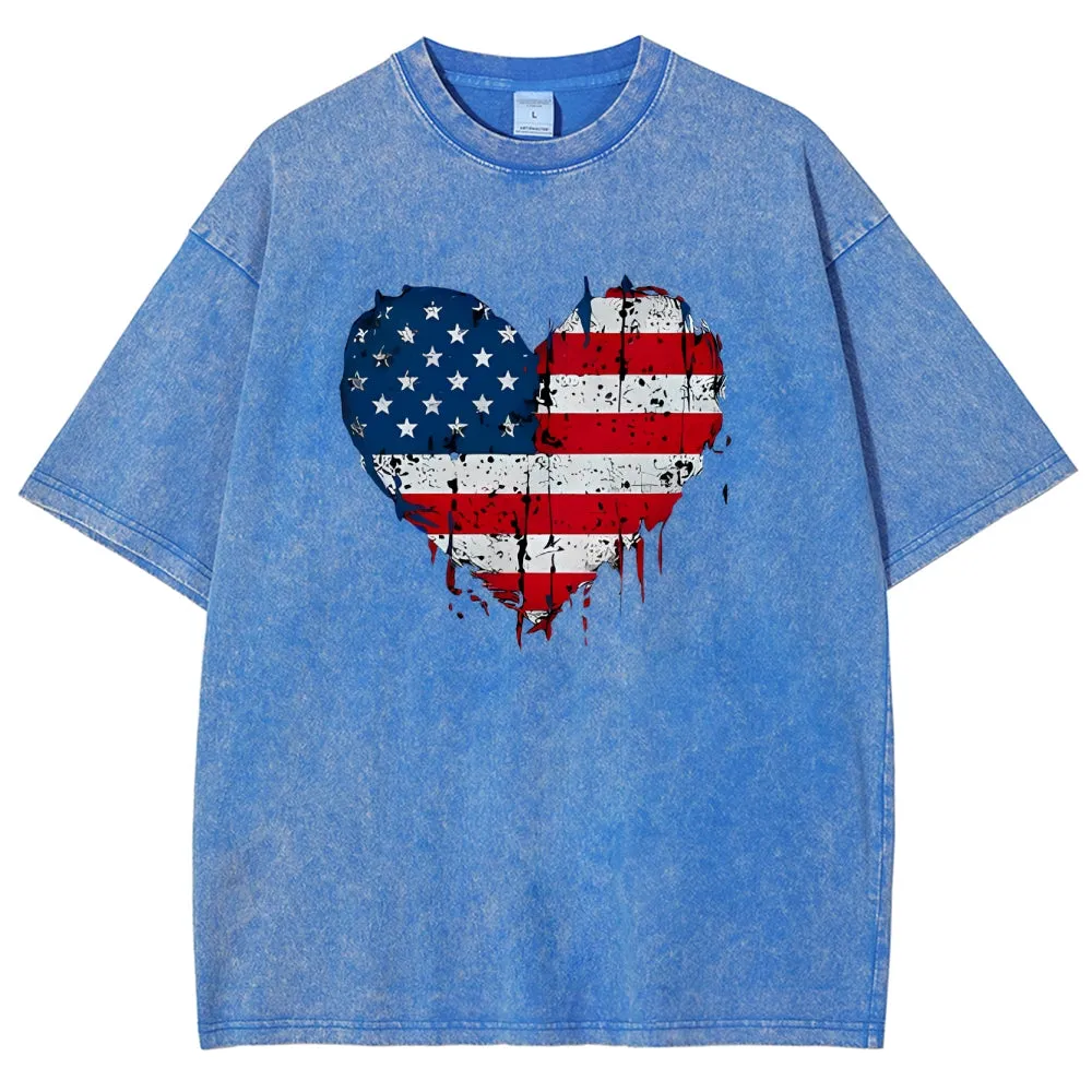 Unisex Heart Shape Of American Flag Graphic Vintage Washed Tee