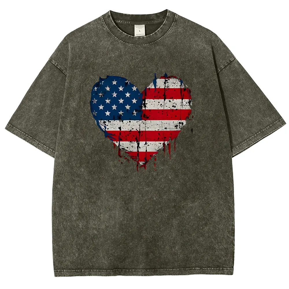 Unisex Heart Shape Of American Flag Graphic Vintage Washed Tee