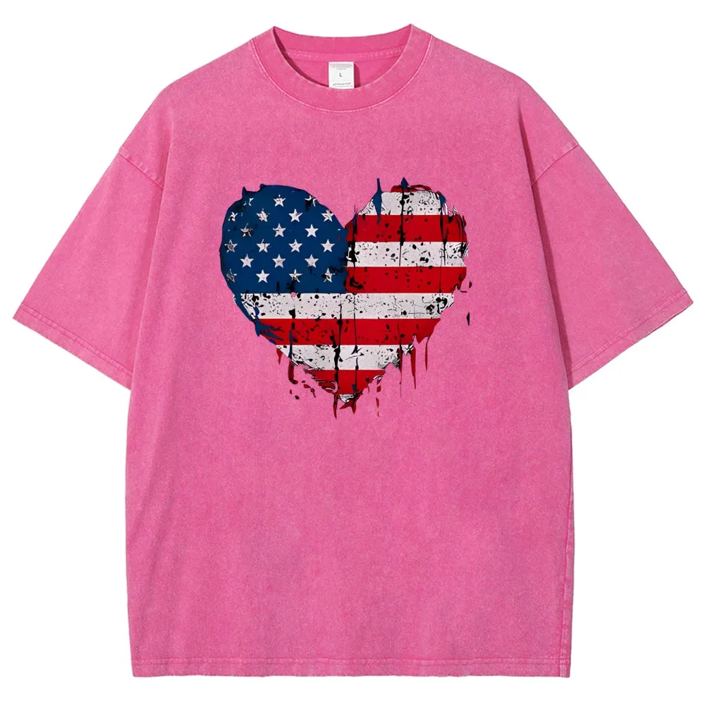 Unisex Heart Shape Of American Flag Graphic Vintage Washed Tee