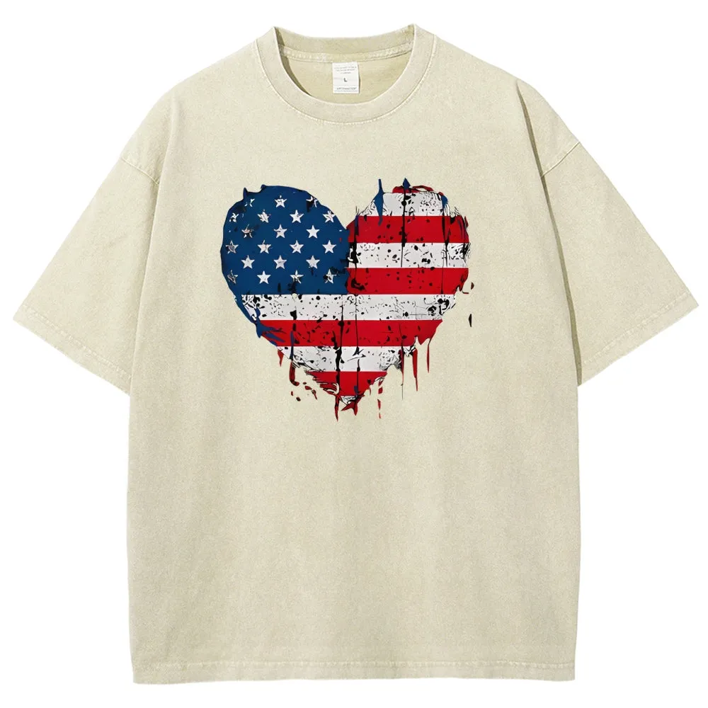 Unisex Heart Shape Of American Flag Graphic Vintage Washed Tee