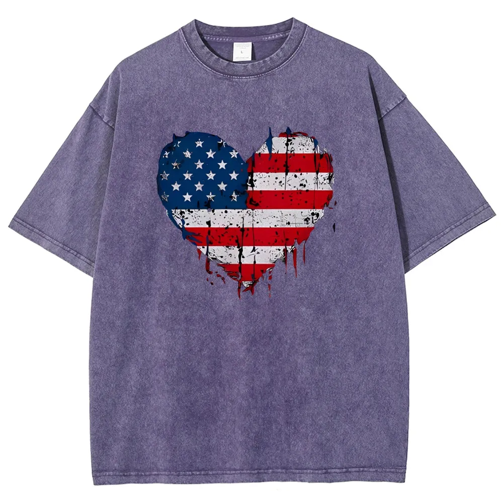 Unisex Heart Shape Of American Flag Graphic Vintage Washed Tee