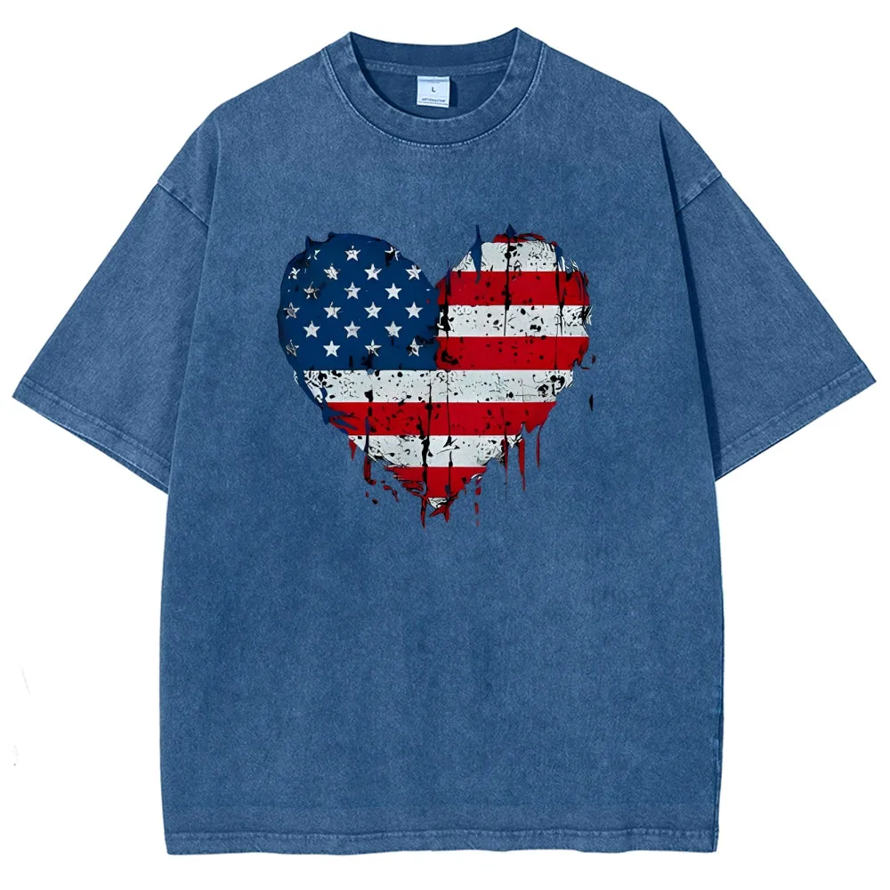 Unisex Heart Shape Of American Flag Graphic Vintage Washed Tee
