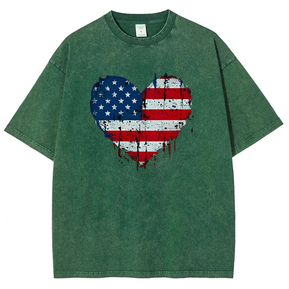 Unisex Heart Shape Of American Flag Graphic Vintage Washed Tee