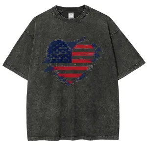 Unisex Heart Shape Of American Flag Graphic Vintage Washed Tee