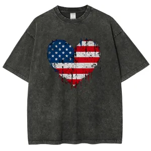 Unisex Heart Shape Of American Flag Graphic Vintage Washed Tee