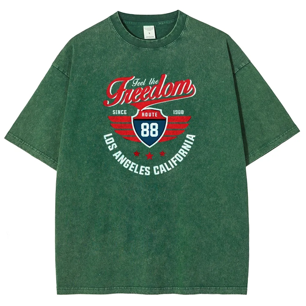 Unisex Independence's Day Feel The Freedom Route 88 Graphic Vintage Washed Tee