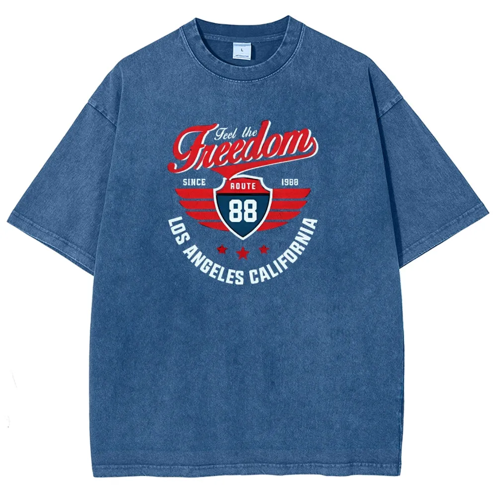 Unisex Independence's Day Feel The Freedom Route 88 Graphic Vintage Washed Tee