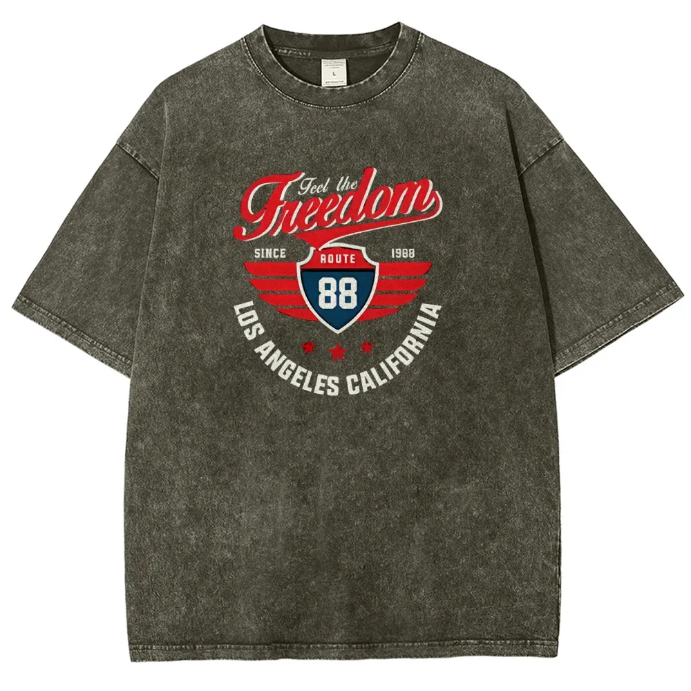 Unisex Independence's Day Feel The Freedom Route 88 Graphic Vintage Washed Tee