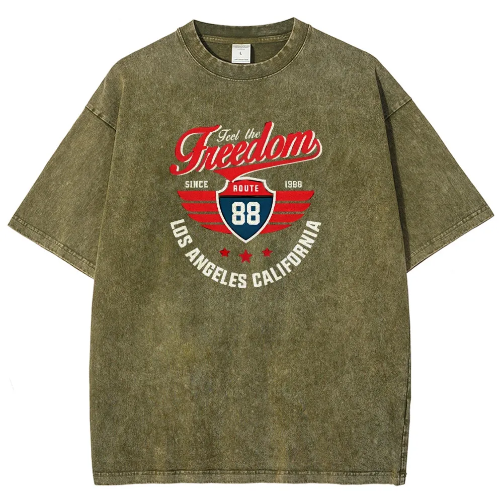 Unisex Independence's Day Feel The Freedom Route 88 Graphic Vintage Washed Tee