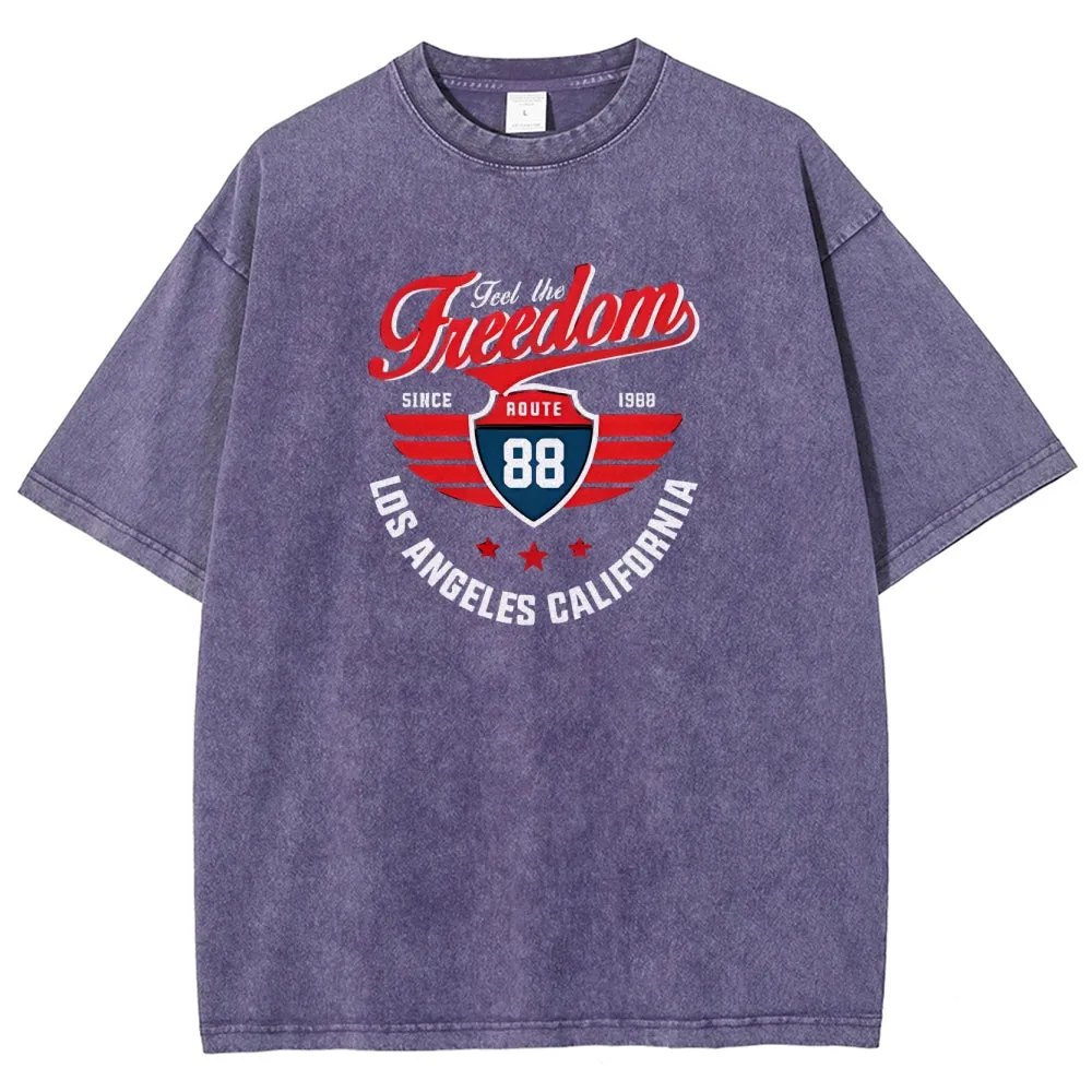 Unisex Independence's Day Feel The Freedom Route 88 Graphic Vintage Washed Tee