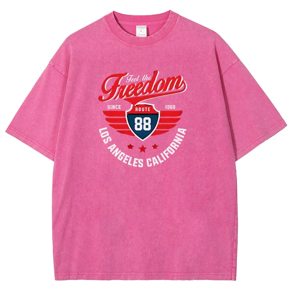 Unisex Independence's Day Feel The Freedom Route 88 Graphic Vintage Washed Tee