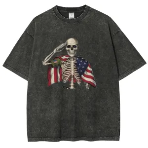 Unisex Patriotic Skeleton Veteran 4th of July Funny USA Graphic Vintage Washed Tee