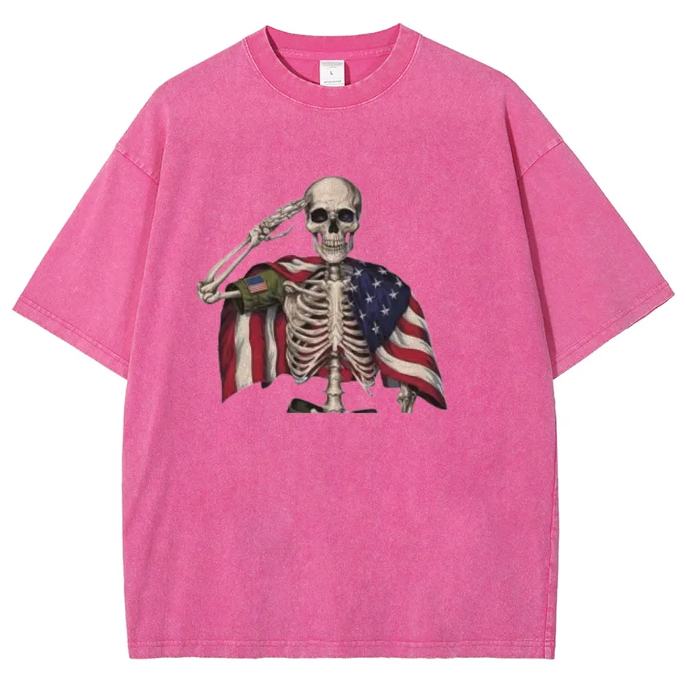 Unisex Patriotic Skeleton Veteran 4th of July Funny USA Graphic Vintage Washed Tee