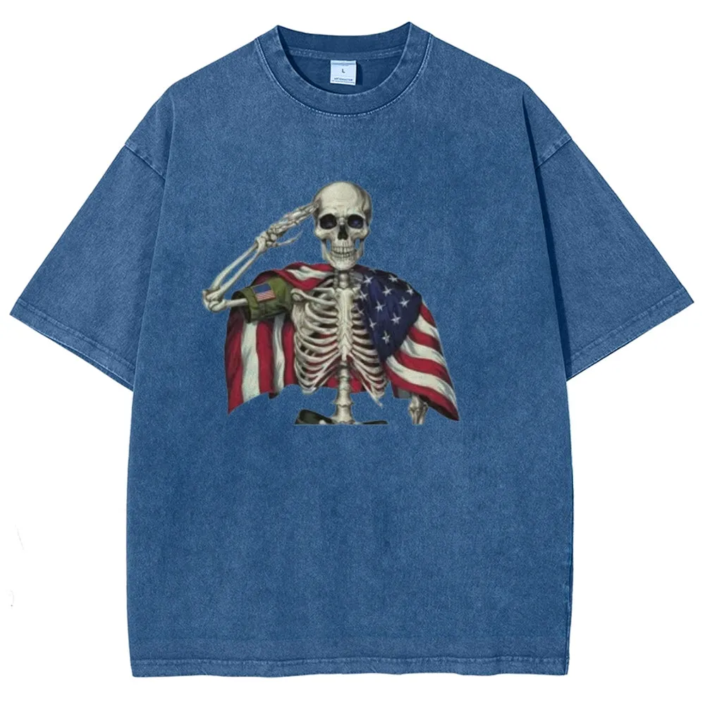 Unisex Patriotic Skeleton Veteran 4th of July Funny USA Graphic Vintage Washed Tee