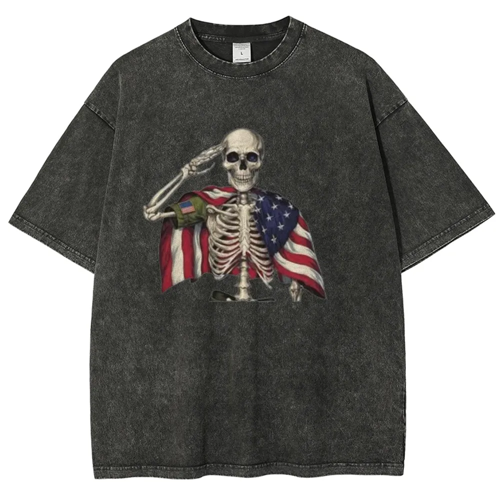 Unisex Patriotic Skeleton Veteran 4th of July Funny USA Graphic Vintage Washed Tee