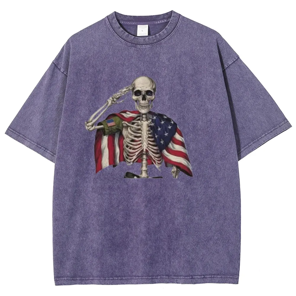 Unisex Patriotic Skeleton Veteran 4th of July Funny USA Graphic Vintage Washed Tee