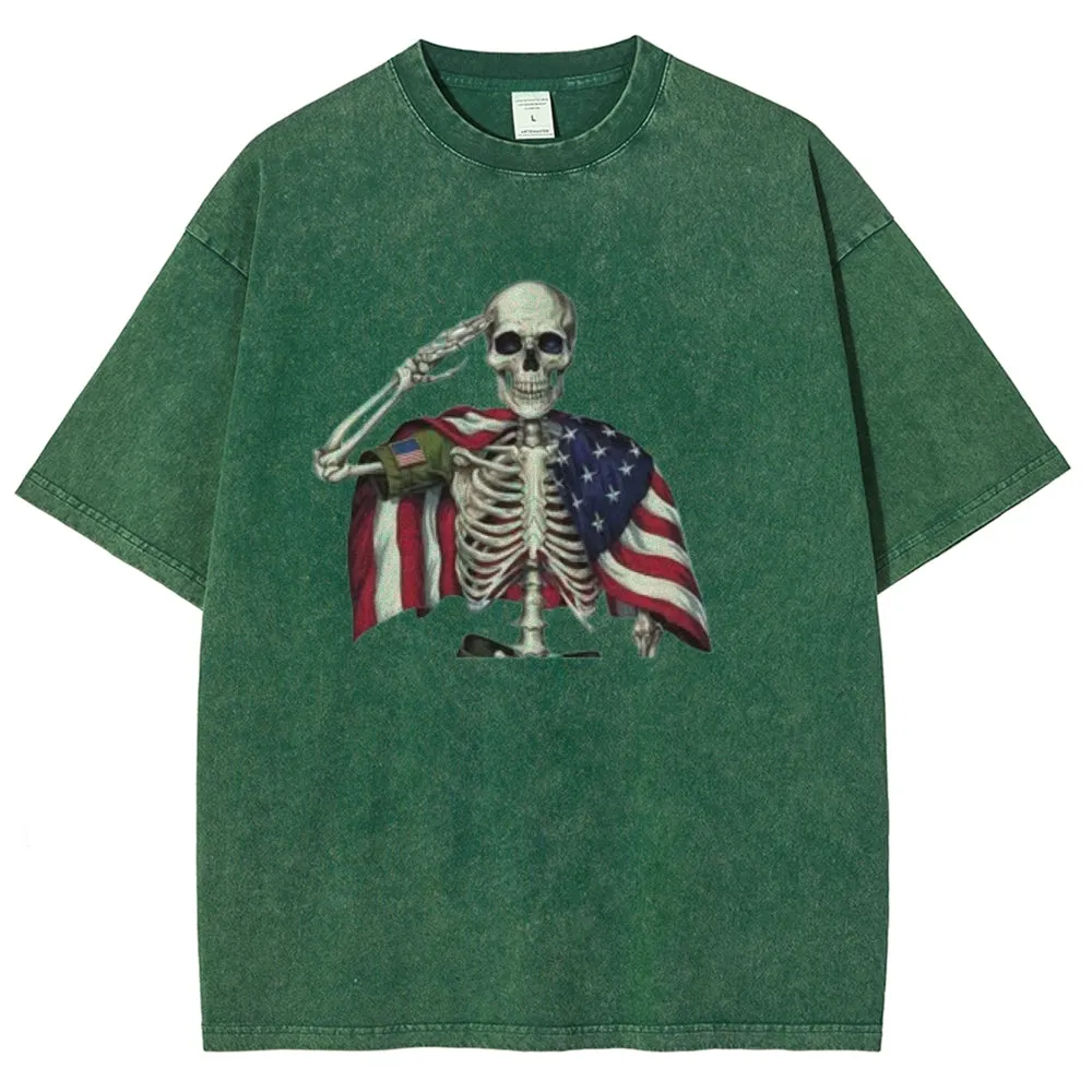 Unisex Patriotic Skeleton Veteran 4th of July Funny USA Graphic Vintage Washed Tee