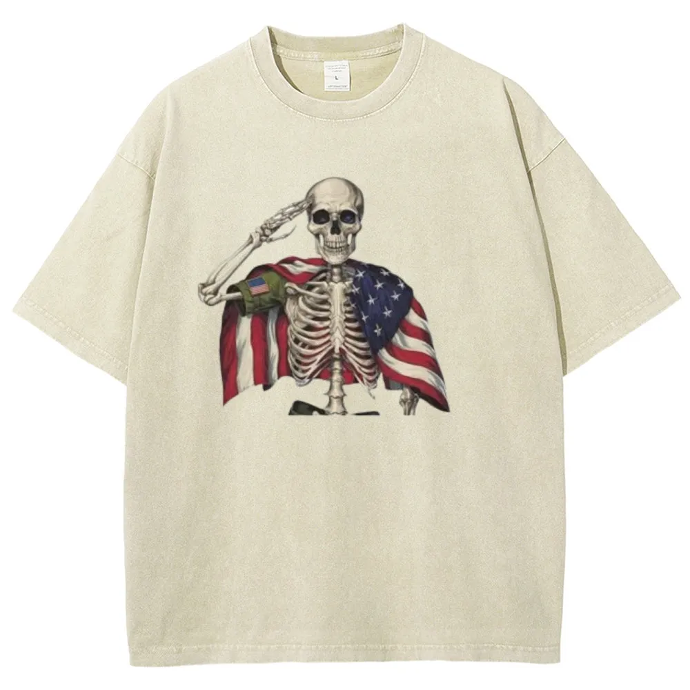 Unisex Patriotic Skeleton Veteran 4th of July Funny USA Graphic Vintage Washed Tee