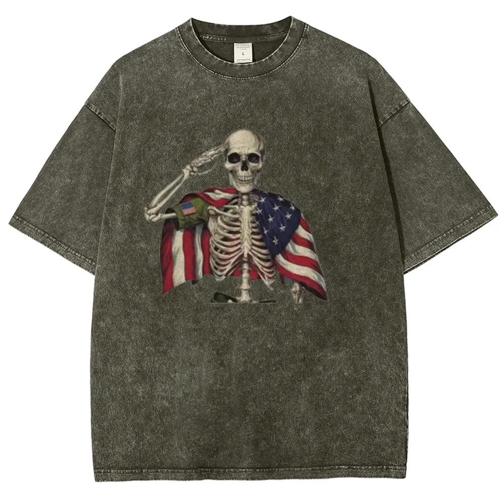 Unisex Patriotic Skeleton Veteran 4th of July Funny USA Graphic Vintage Washed Tee