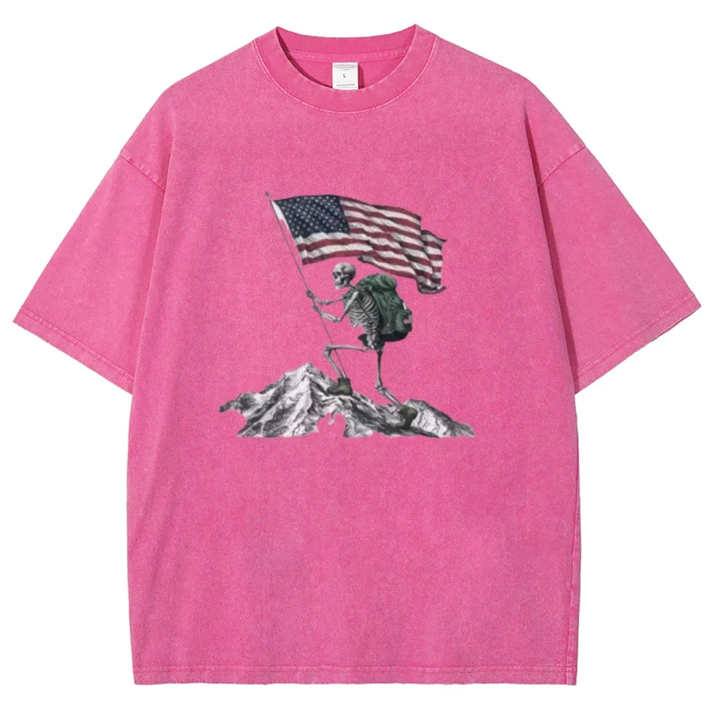 Unisex Skeleton with American Flag Graphic Vintage Washed Tee