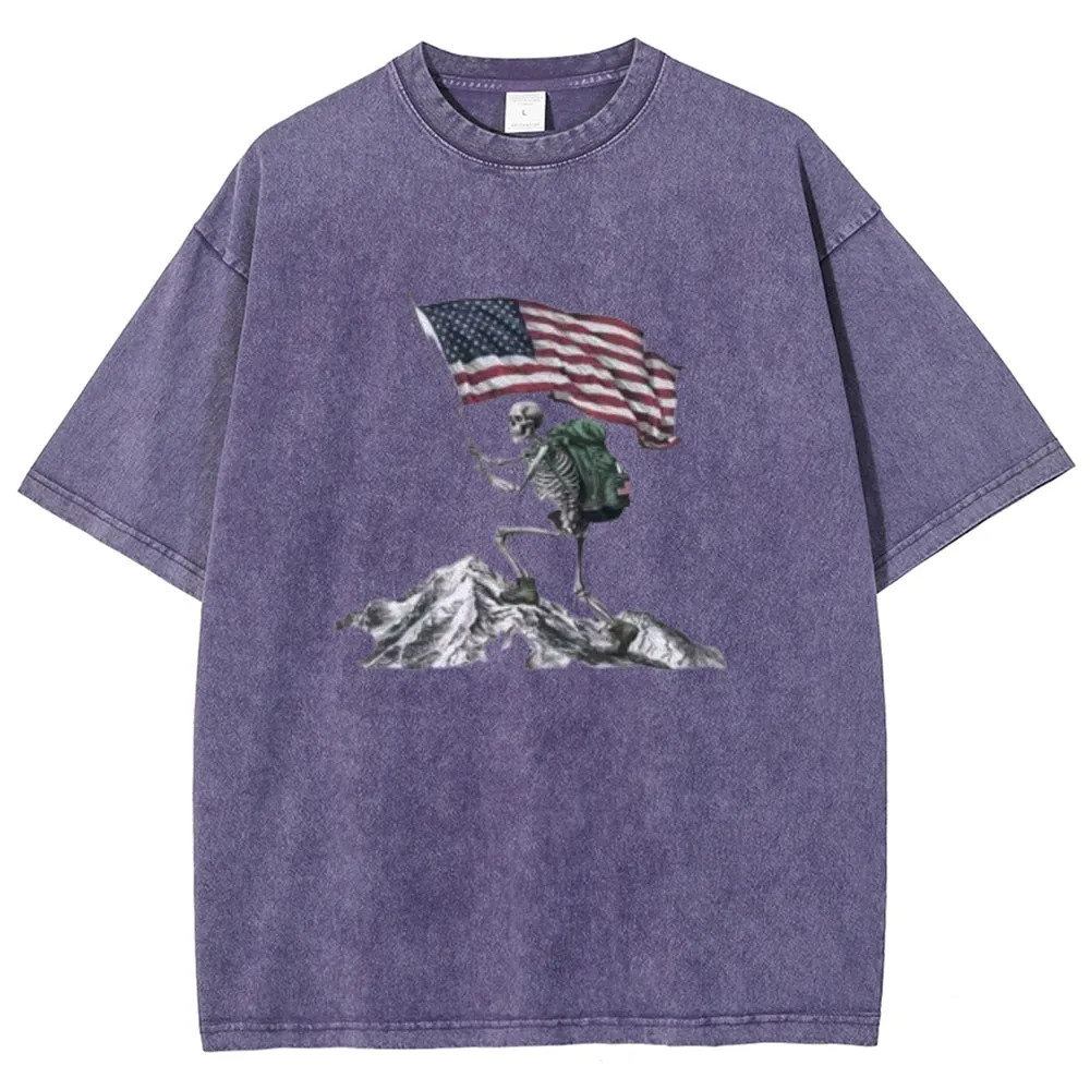 Unisex Skeleton with American Flag Graphic Vintage Washed Tee