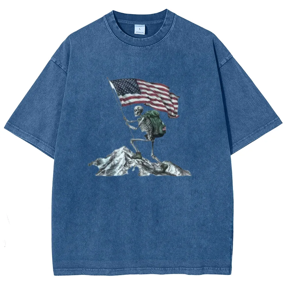 Unisex Skeleton with American Flag Graphic Vintage Washed Tee