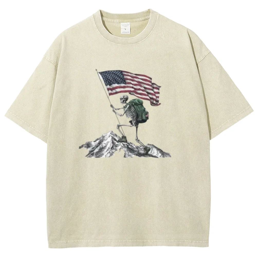Unisex Skeleton with American Flag Graphic Vintage Washed Tee