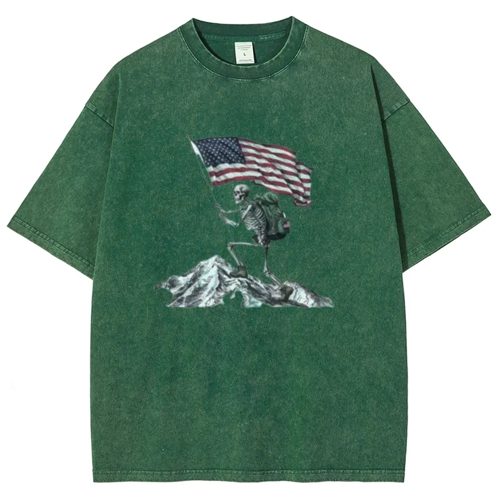 Unisex Skeleton with American Flag Graphic Vintage Washed Tee