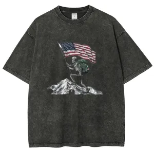 Unisex Skeleton with American Flag Graphic Vintage Washed Tee