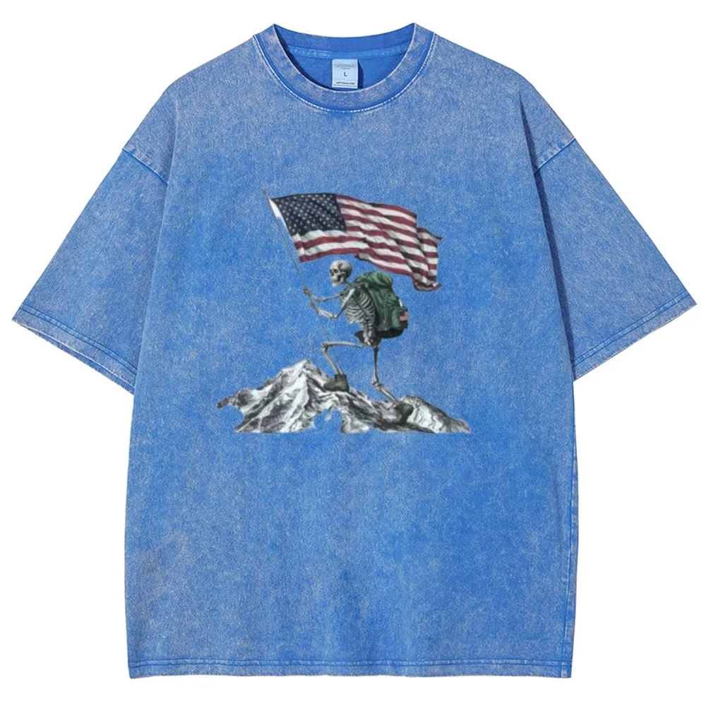 Unisex Skeleton with American Flag Graphic Vintage Washed Tee