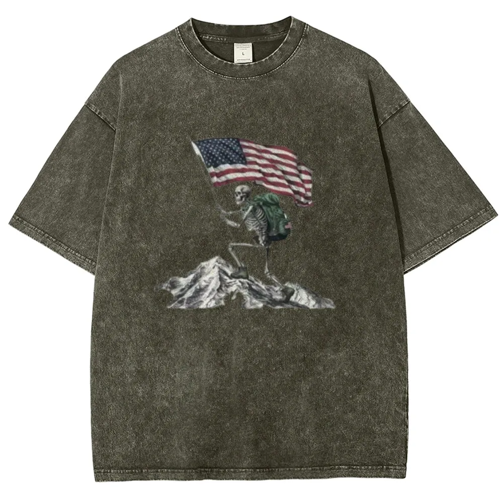 Unisex Skeleton with American Flag Graphic Vintage Washed Tee