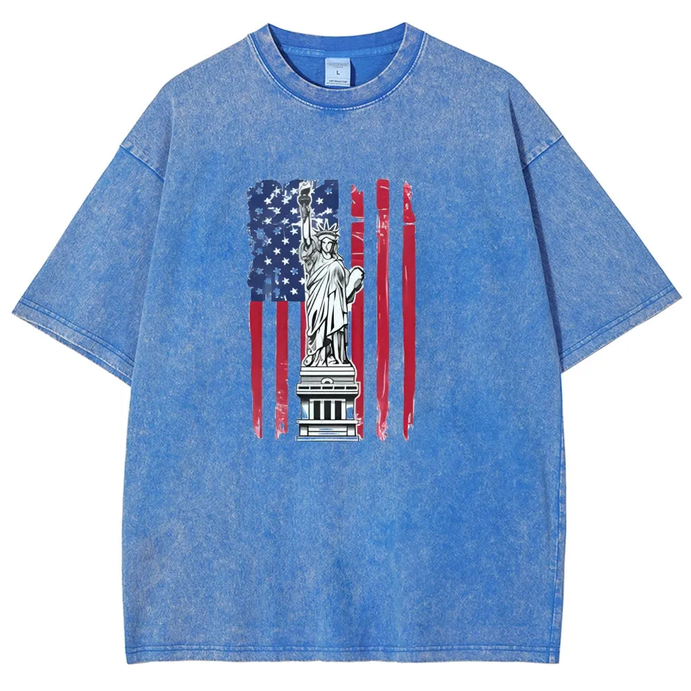 Unisex Statue of Liberty American Flag Graphic Vintage Washed Tee