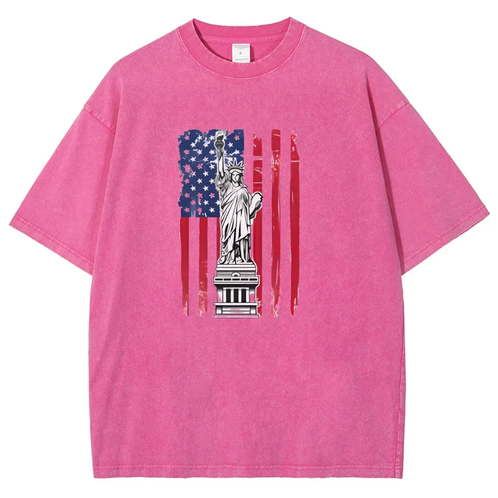 Unisex Statue of Liberty American Flag Graphic Vintage Washed Tee