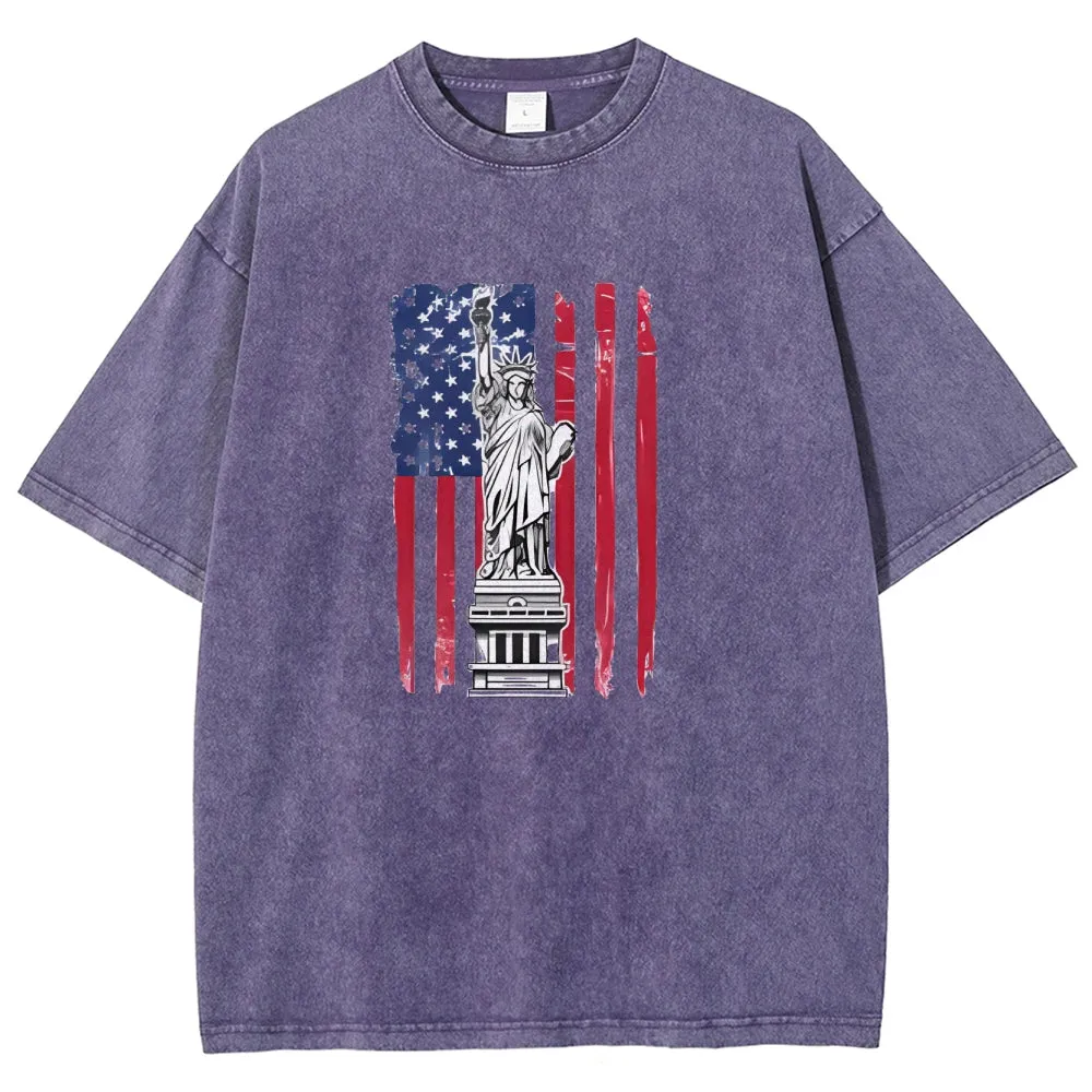 Unisex Statue of Liberty American Flag Graphic Vintage Washed Tee